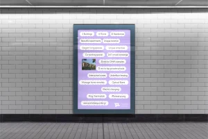 Vertical digital billboard advertising Blue Residences mounted on a white tiled subway station wall above dark grey tiled flooring.