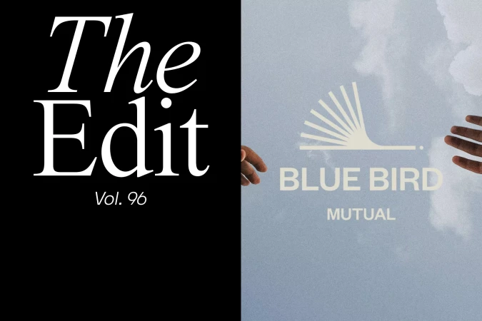 Split-screen image features 'The Edit' text on black and Blue Bird Mutual logo on cloudy sky, juxtaposing graphic design with nature.