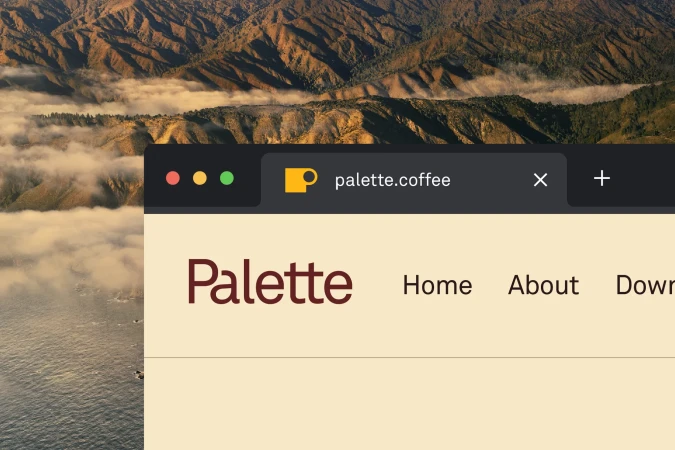 Web browser showing the Palette website, an interface design tool, with a landscape background image of mountains and fog.
