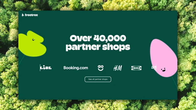 Advertisement for Freetree featuring logos for Lidl, Booking.com, H&M, and Ikea, with a background of green treetops.