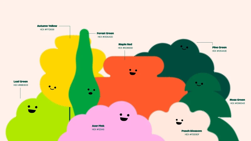 Colorful graphic art illustration of various color swatches with smiling faces and text labels showing the color names and hexadecimal values.