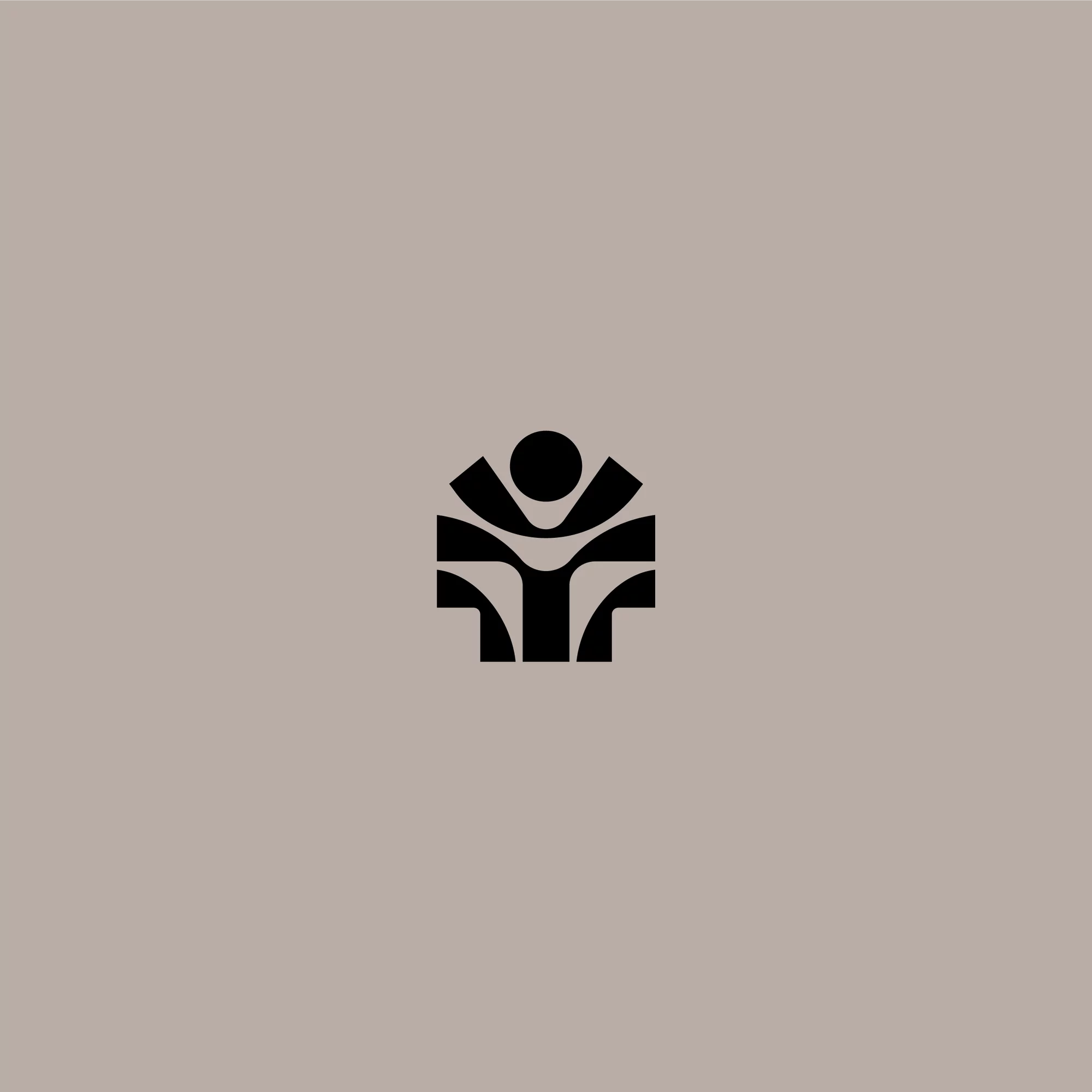 Minimalist logo design featuring a stylized human figure in black against a taupe backdrop, clean lines, and centered composition.