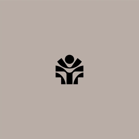 Minimalist logo design featuring a stylized human figure in black against a taupe backdrop, clean lines, and centered composition.