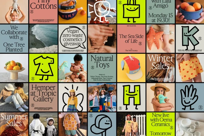 Collage of 25 images showcasing children's fashion, zero waste cosmetics, and product promotions with bright colors and typography.