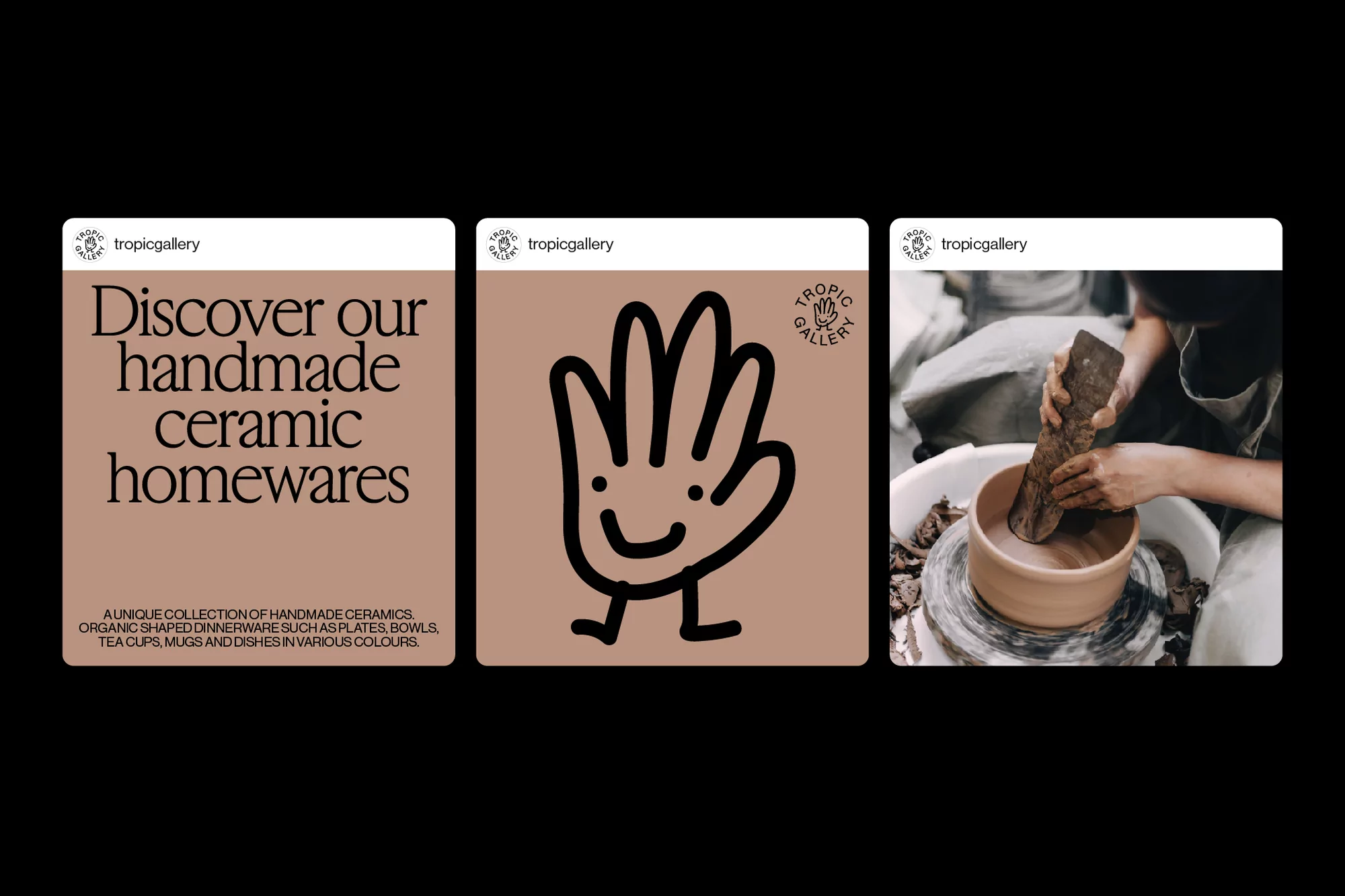 Instagram posts for handmade ceramic homewares featuring text, a line drawing of a hand, and a potter at a spinning pottery wheel.
