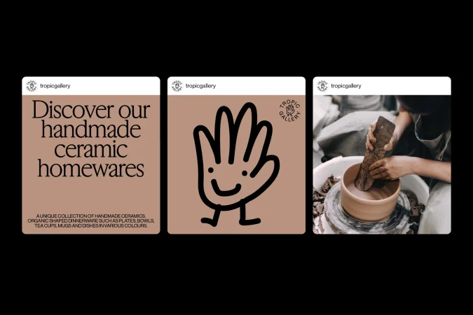 Instagram posts for handmade ceramic homewares featuring text, a line drawing of a hand, and a potter at a spinning pottery wheel.