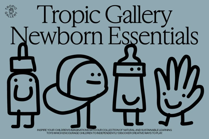 Stylized vector image: baby bottle, toy hand, medicine dropper, baby cap, and title: 'Tropic Gallery Newborn Essentials'.