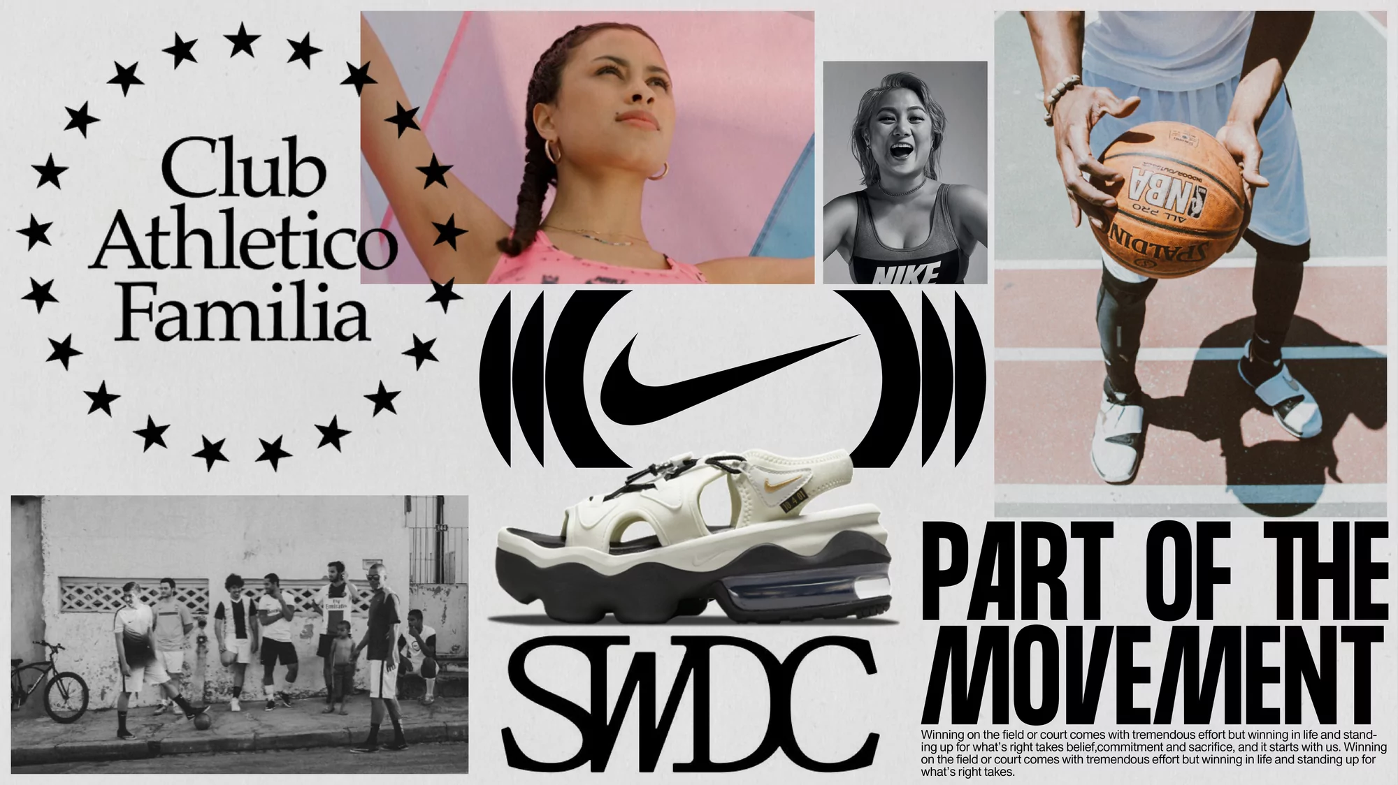 Nike campaign imagery showcasing diverse subjects: athletes, models, and community members. Features apparel, footwear and bold typography.