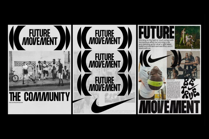 Nike campaign poster featuring black-and-white photographs of people and bold typography promoting "Future Movement" and "The Community".