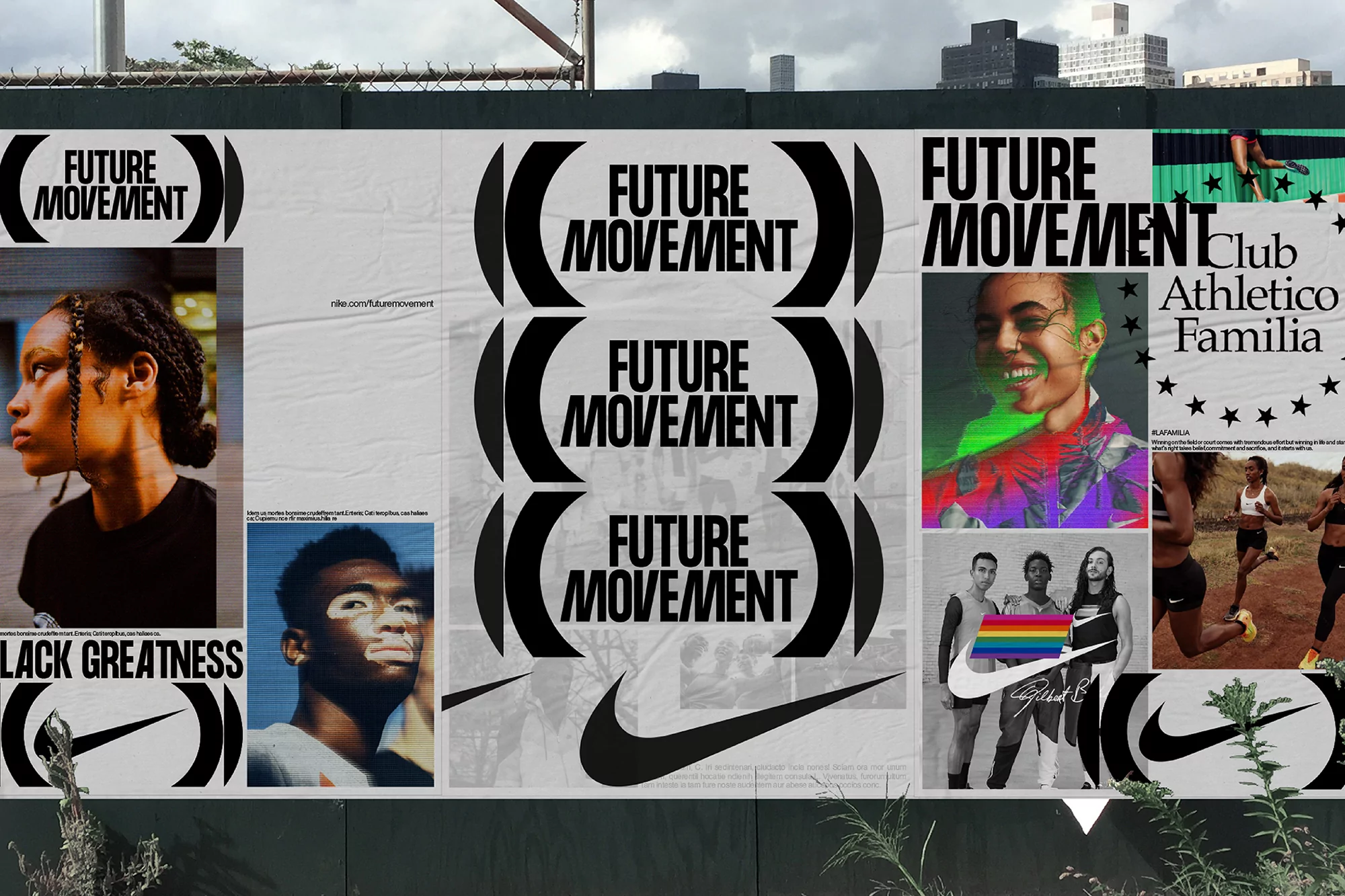 Outdoor advertising features Nike 'Future Movement' campaign with diverse models and bold typography, set against an urban backdrop.