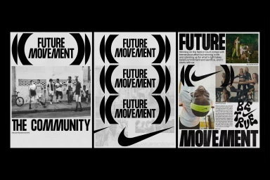 Graphic design layouts featuring bold typography, Nike swoosh logos, and black-and-white photography panels for Future Movement.