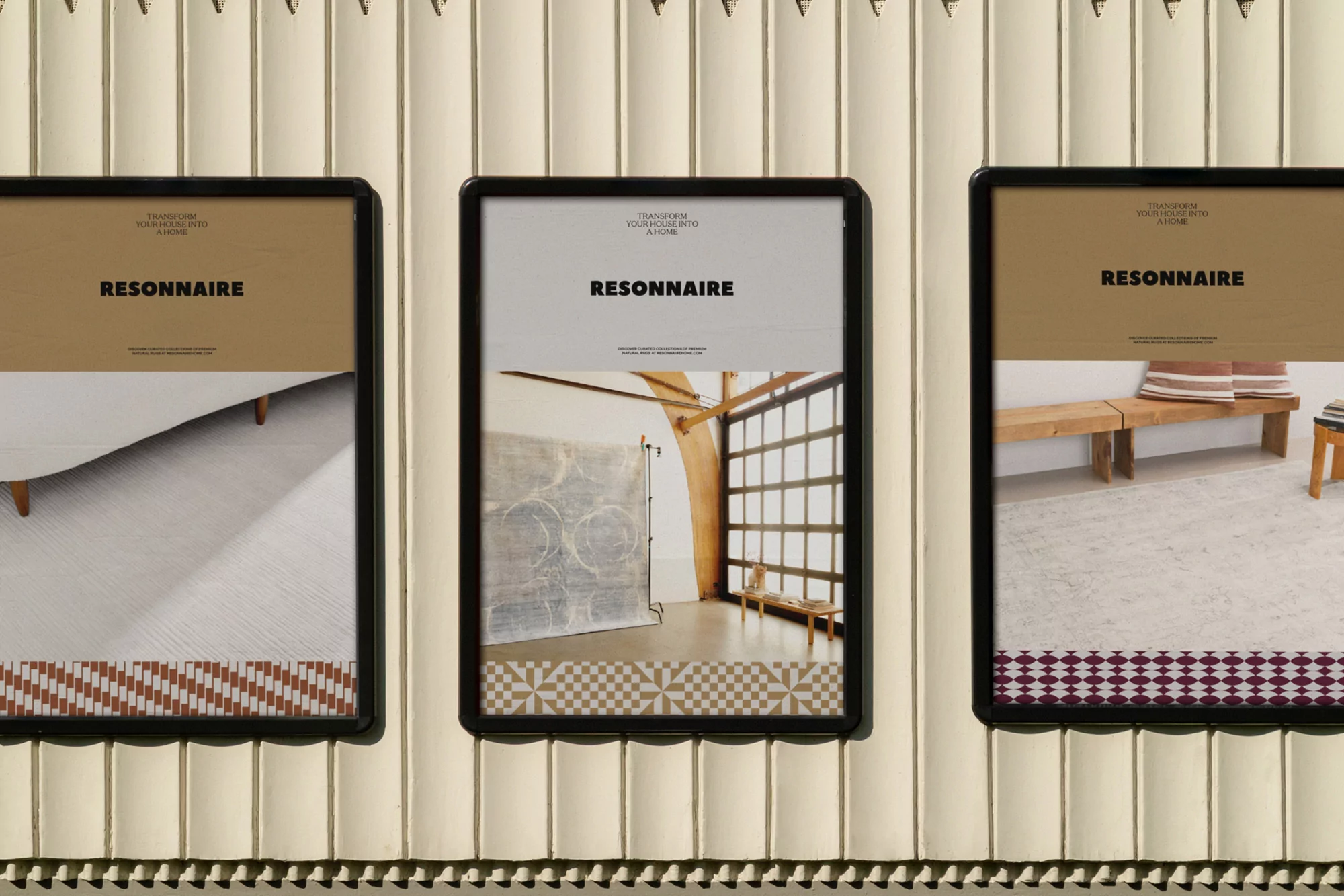 Three framed posters on a textured wall featuring interior design imagery and the word 'RESONNAIRE' in bold text.