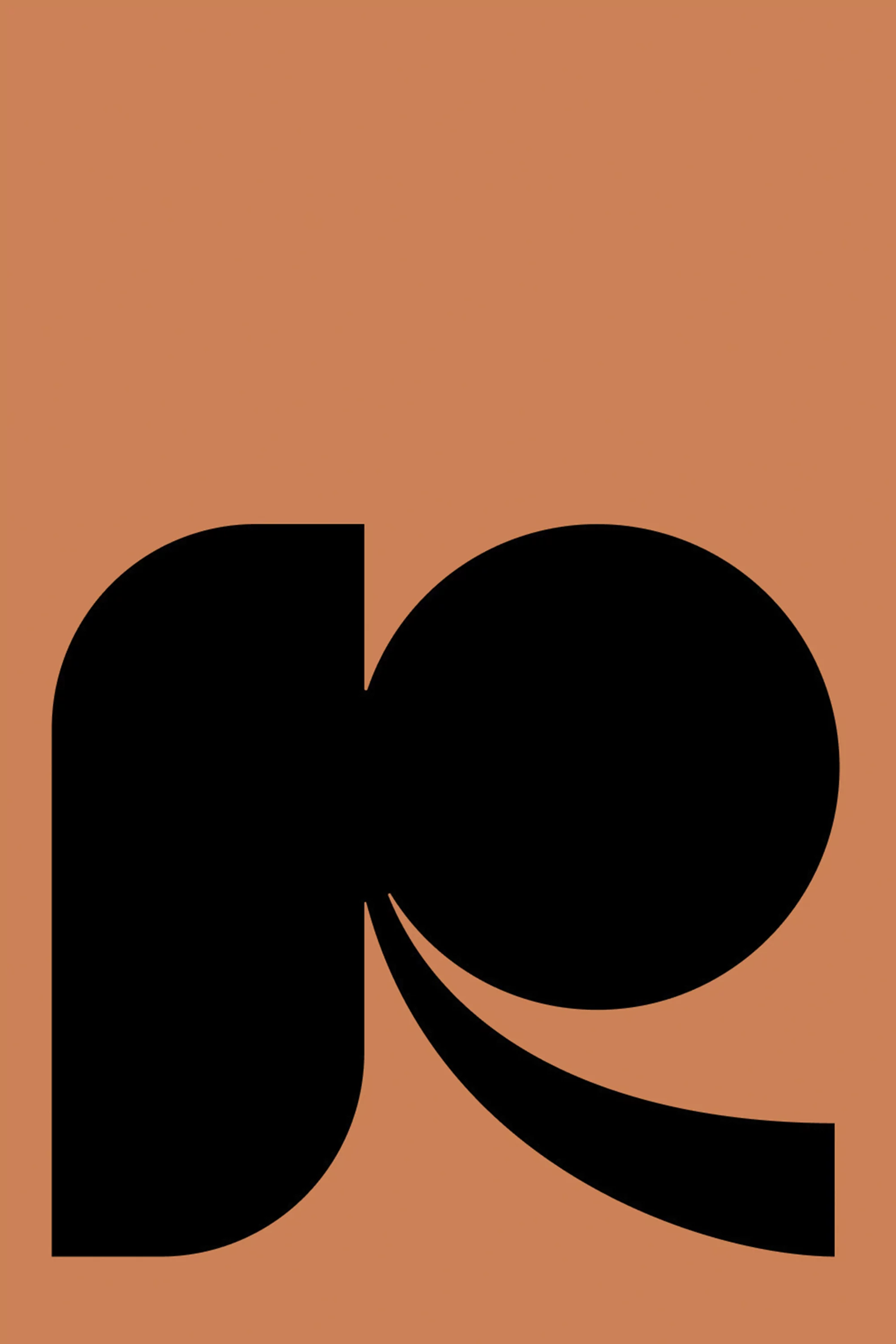 Abstract black shapes against a tan background, featuring a circle, rounded rectangle, and curved line in minimalist composition.
