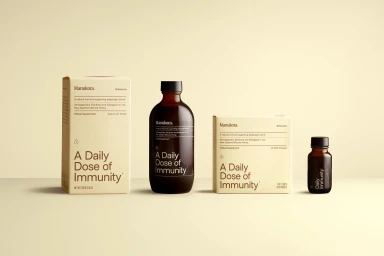 Manukora brand identity packaging including supplement bottles and boxes against a solid pale yellow background