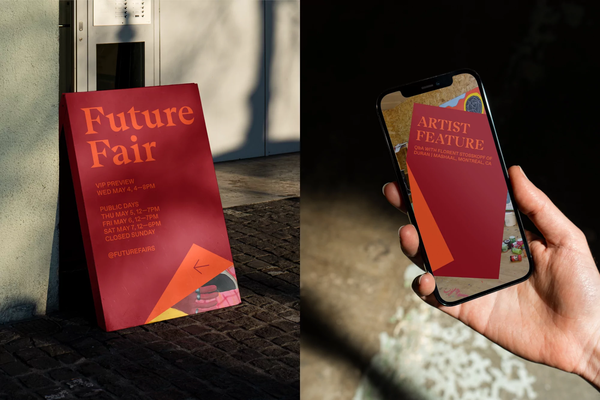 A-frame sign for a Future Fair event leans against a wall, displayed beside an Artist Feature on a smartphone held in hand.