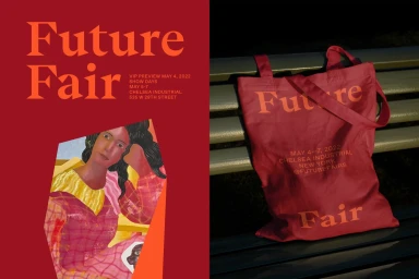 Future Fair brand identity featuring red tote bag on a bench and promotional graphic with portrait illustration and text