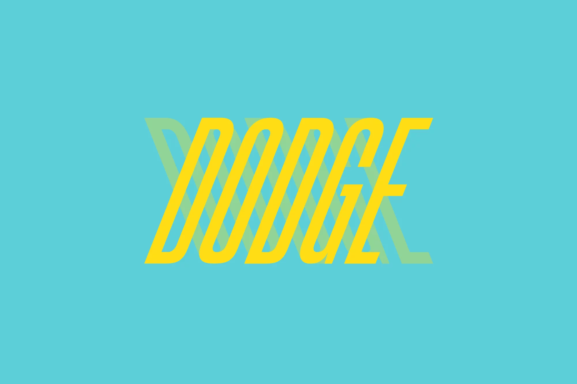 Dodge text logo in yellow on light blue background with slight transparent echo effect; typographic brand art.