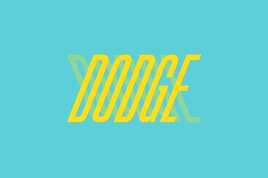 Yellow italic typography spelling Dodge layered over a solid bright turquoise blue background