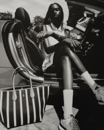 Black and white fashion image of a model seated inside a convertible car next to a striped tote bag.