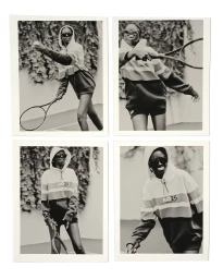 Four-panel photographic layout of a Black woman in a hoodie and sunglasses holding a tennis racket outdoors
