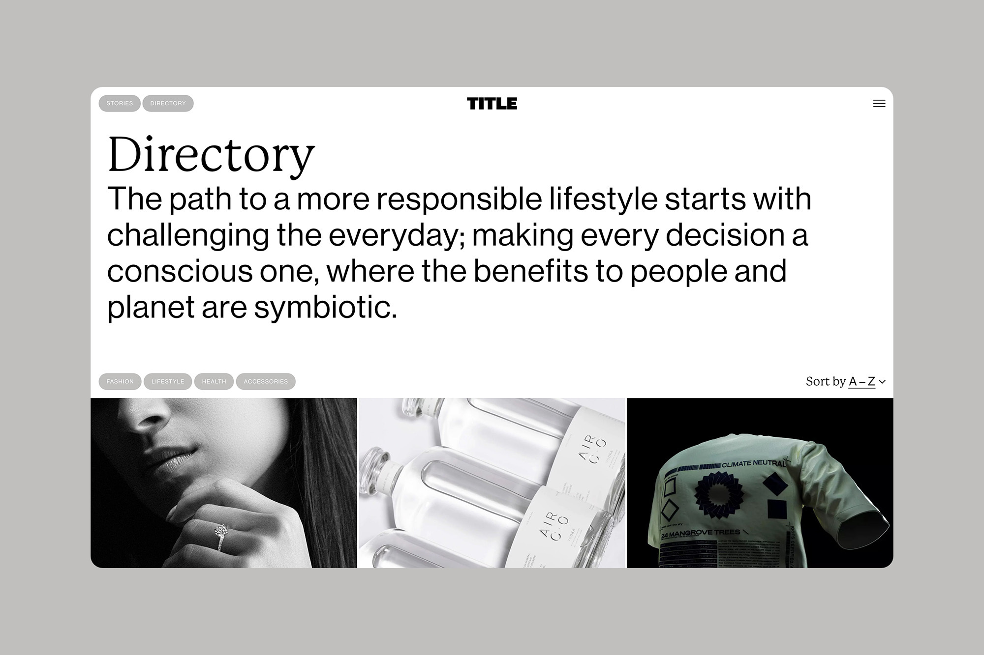 Website directory page featuring fashion, lifestyle, and health accessories. The design is clean, modern, and minimalist.