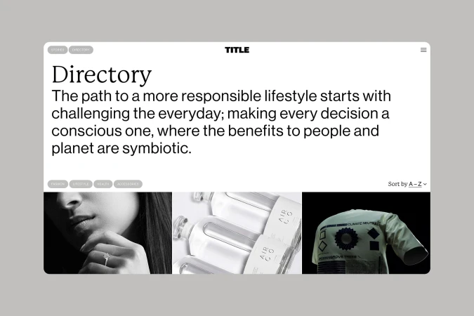 Website directory page featuring fashion, lifestyle, and health accessories. The design is clean, modern, and minimalist.