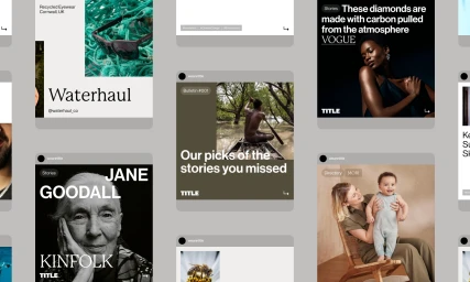 Collage of digital brand identity layout tiles displaying typography, portraits, and product photography.