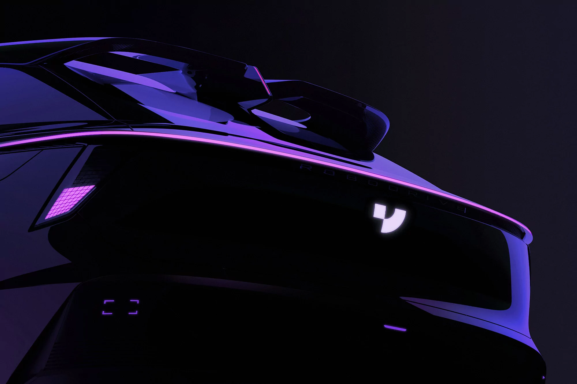 Futuristic black car with neon purple lights highlighting its contours, rear view with prominent spoiler and brand logo.