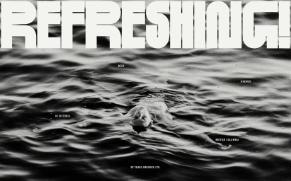 Black and white image of a person floating on their back in dark water, with bold sans-serif text reading REFRESHING! at the top.