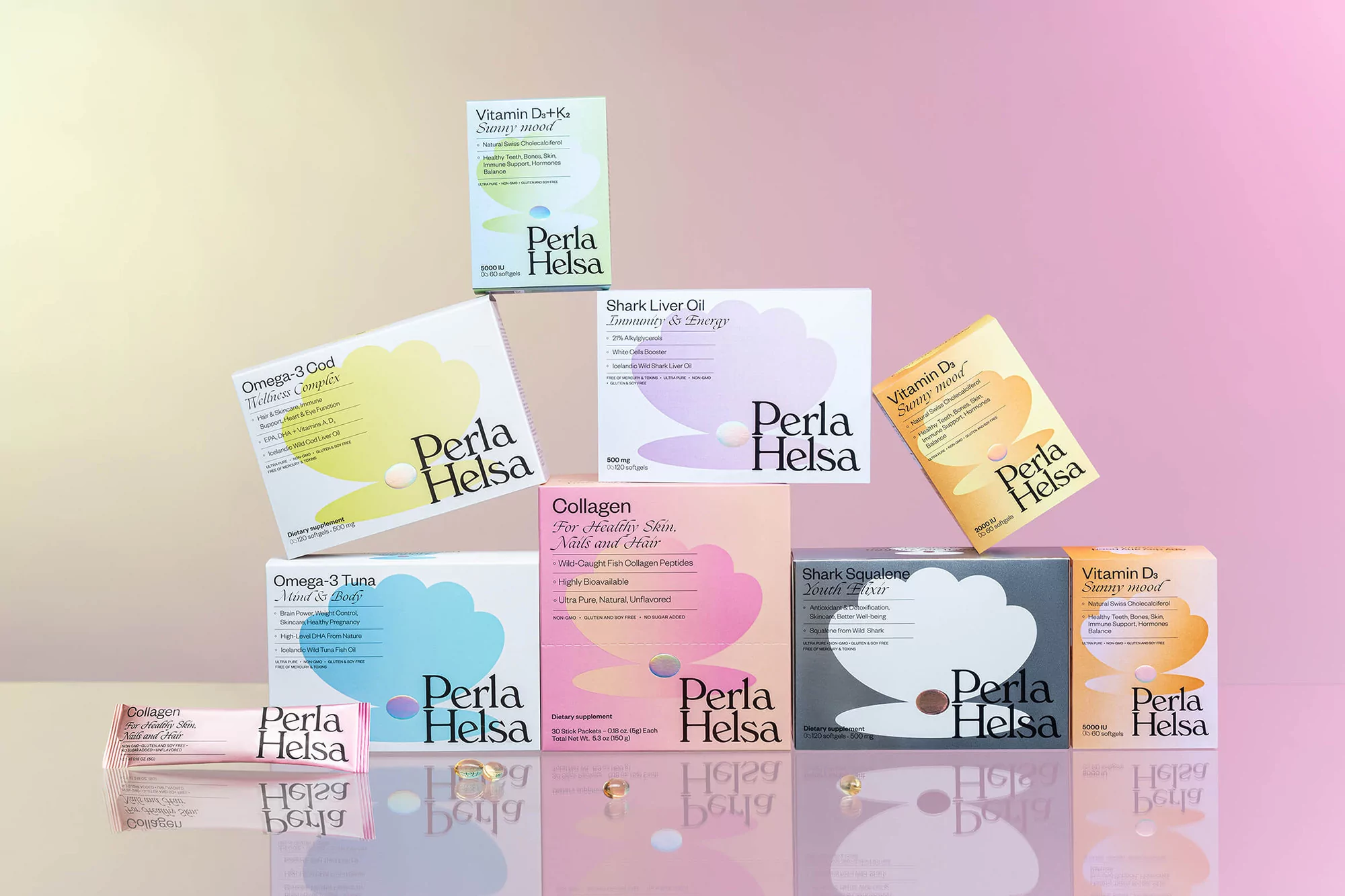 Assortment of Perla Helsa health supplements including Omega-3, collagen, liver oil, and vitamins against a pink gradient background.