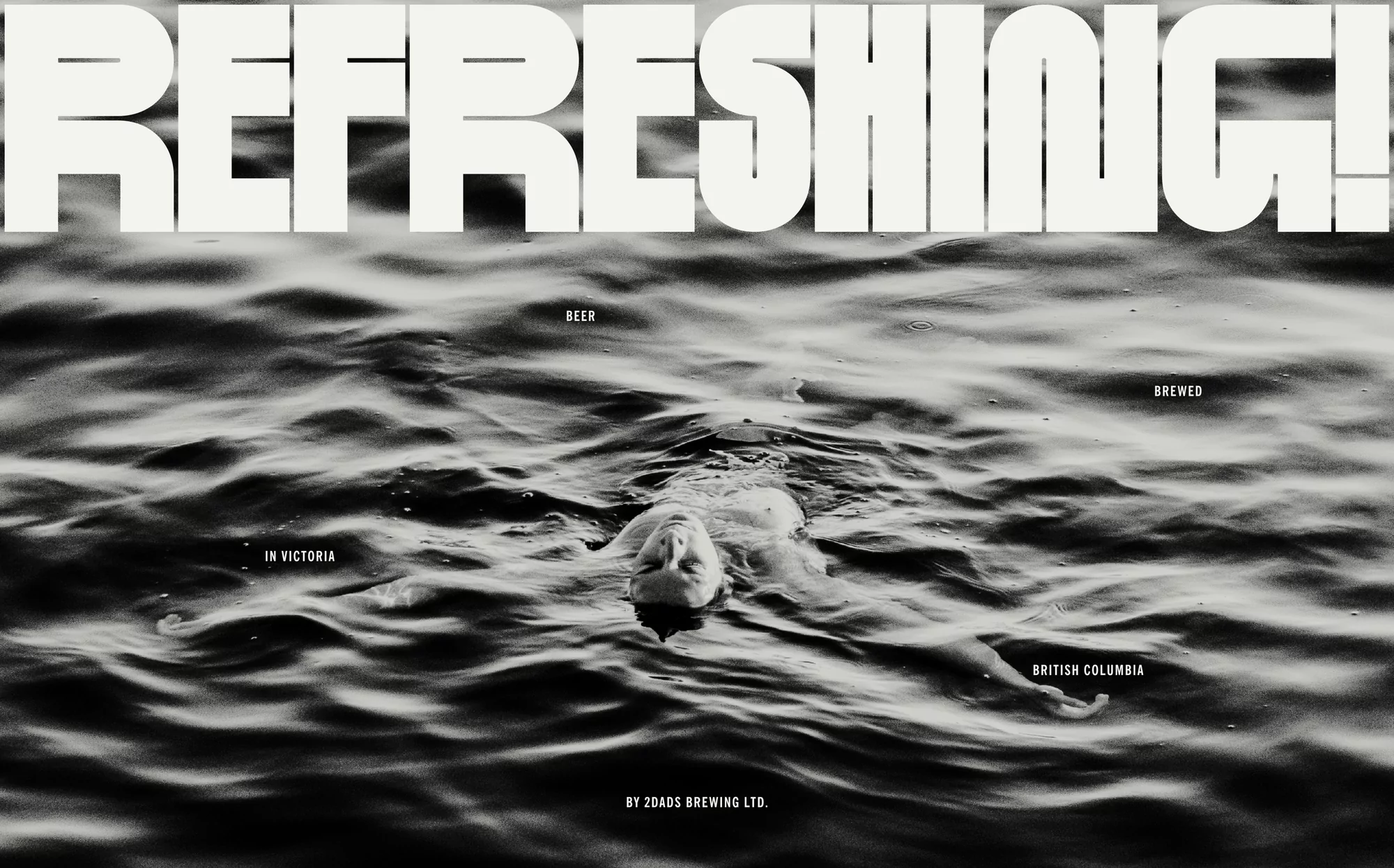Artistic black and white image of a person swimming in rippled water, complemented by bold typography for a striking visual.