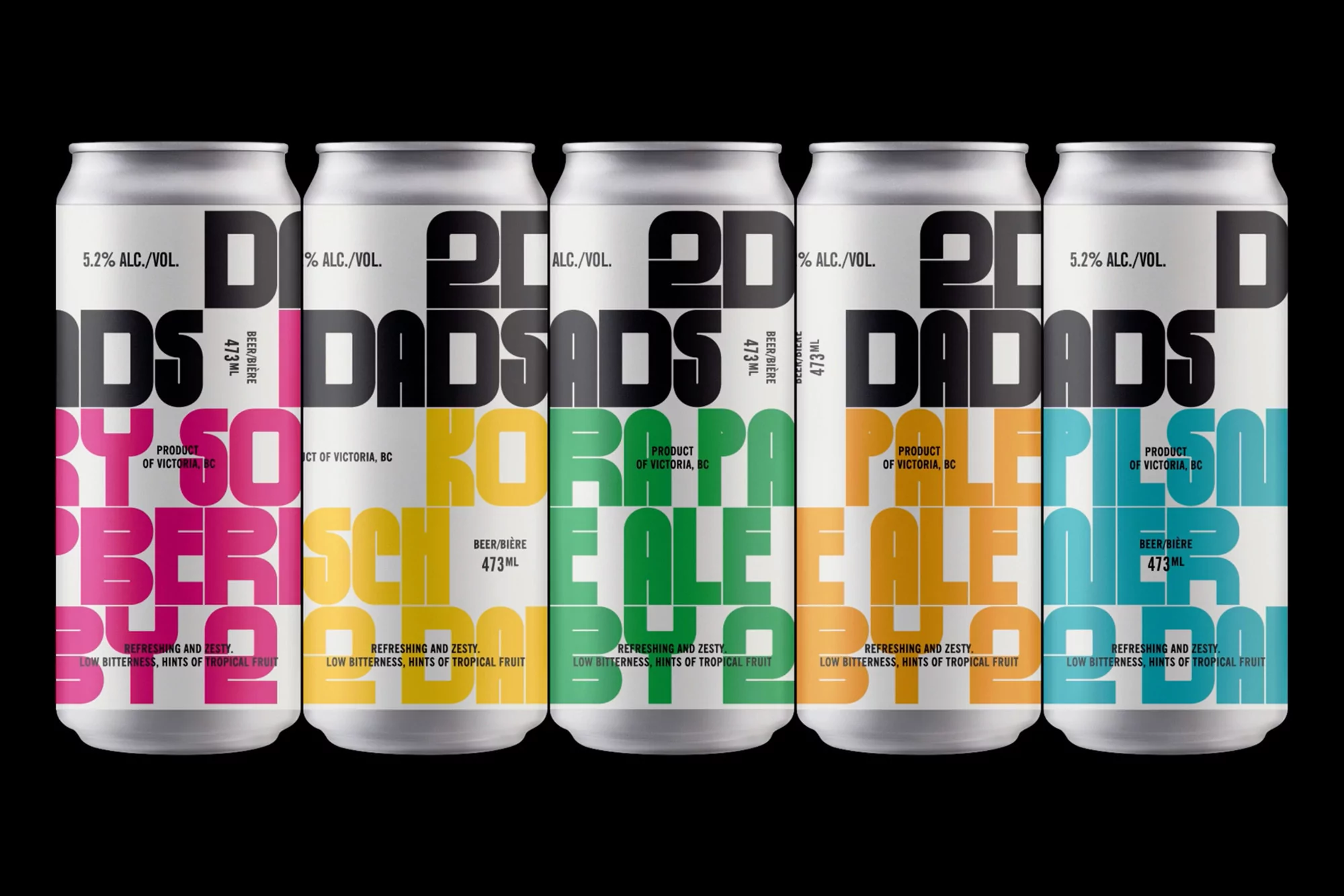 Five colorful cans of 20 Dads beer are lined up in a row against a black background, showcasing the product's branding.