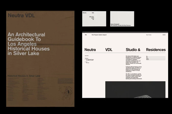 Architectural design presentation features a brochure, business cards, and a webpage mockup for Neutra VDL Studio & Residences.