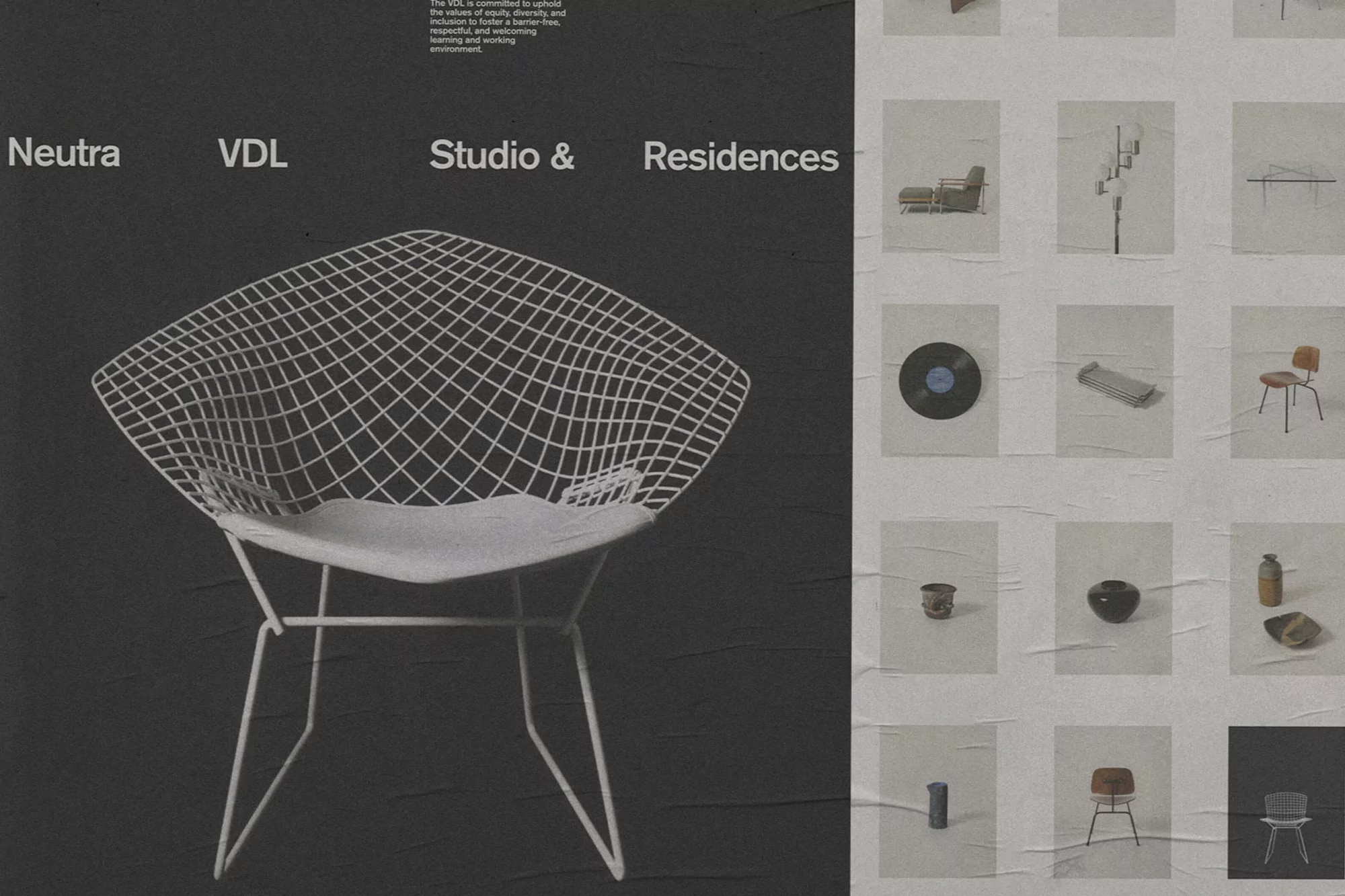 Promotional poster for Neutra VDL Studio & Residences featuring a diamond chair, along with smaller object thumbnail images.