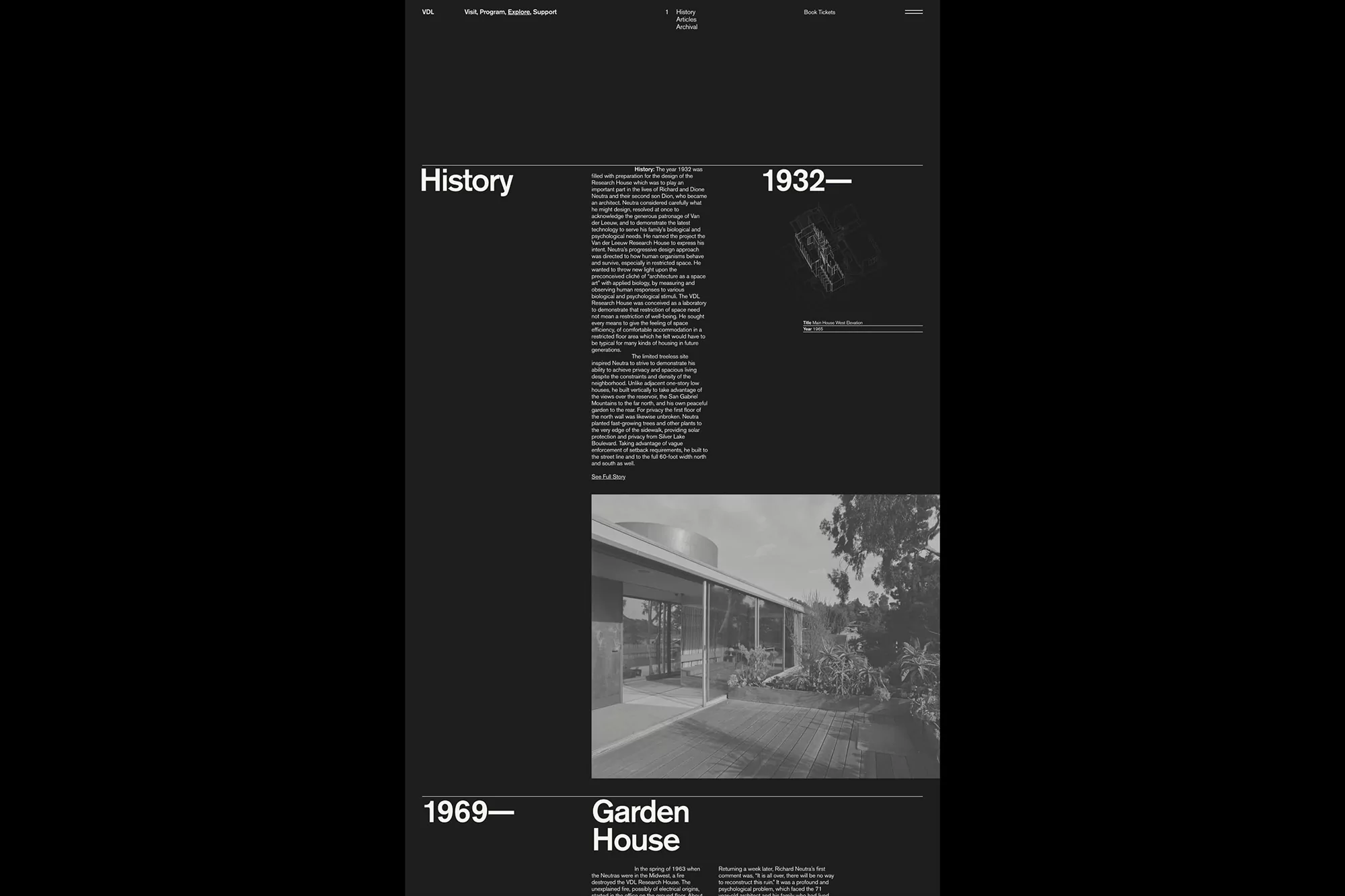 Black-and-white architectural layout featuring building exteriors and text details, creating a visually rich, informative design.