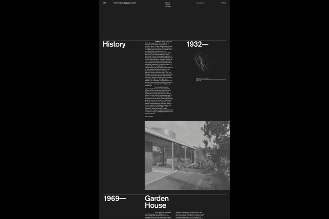 Black-and-white architectural layout featuring building exteriors and text details, creating a visually rich, informative design.