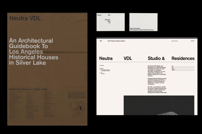 Graphic design brand identity presentation featuring a brown poster, two white business cards, and a digital webpage layout.