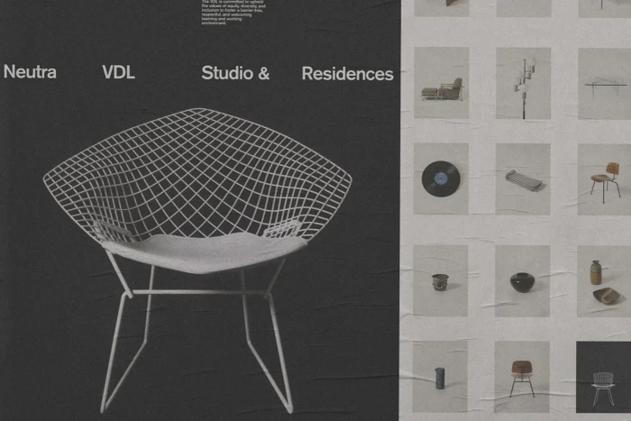 Branded poster featuring a white wire chair on a dark background next to a grid of product thumbnails