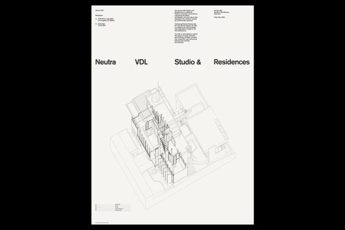 Architectural line drawing of Neutra VDL Studio and Residences with clean typography on white background