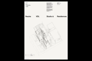 Architectural line drawing of Neutra VDL Studio and Residences with clean typography on white background