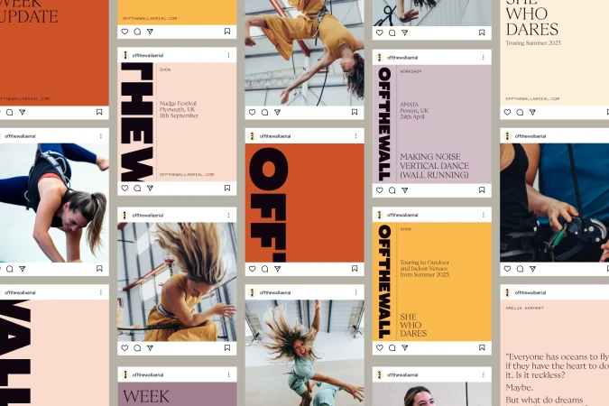 Collage of social media posts promoting aerial dance events and workshops by Off The Wall Aerial, featuring women in action.