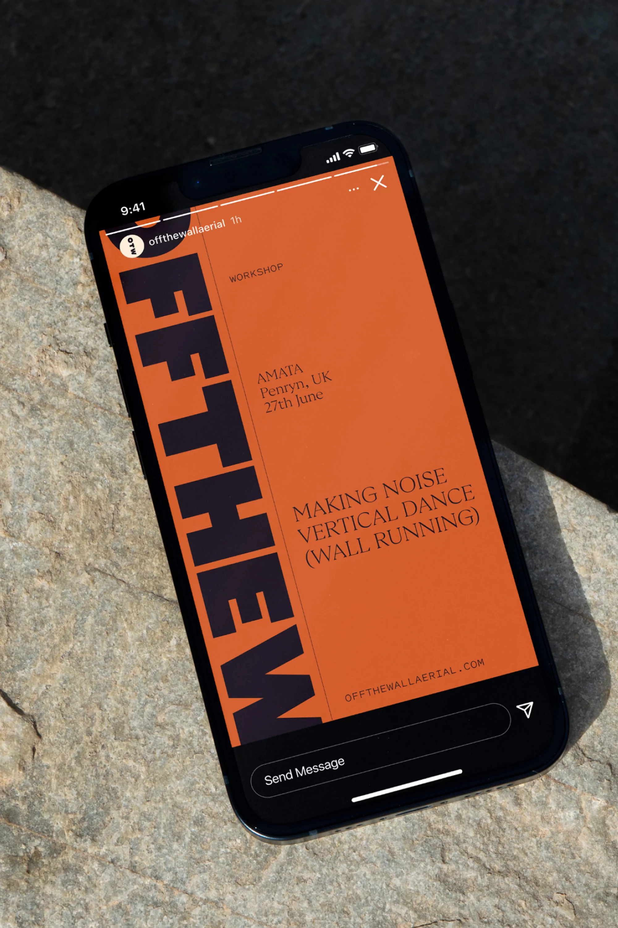 Smartphone displays vertical dance workshop event flyer against a stone background, featuring 'OFFTHEW' and aerial contact information.