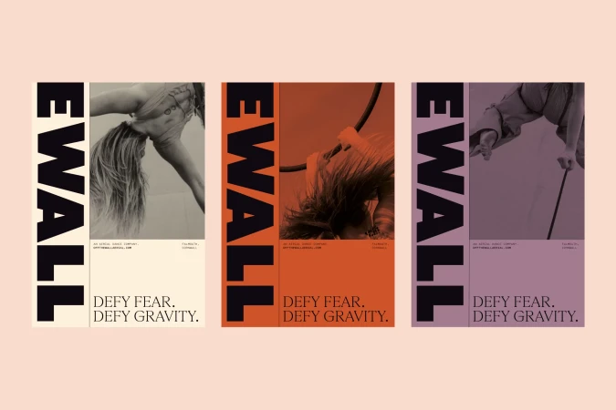 Three promotional posters for EWALL dance company featuring female dancers performing acrobatic poses against color block backgrounds.