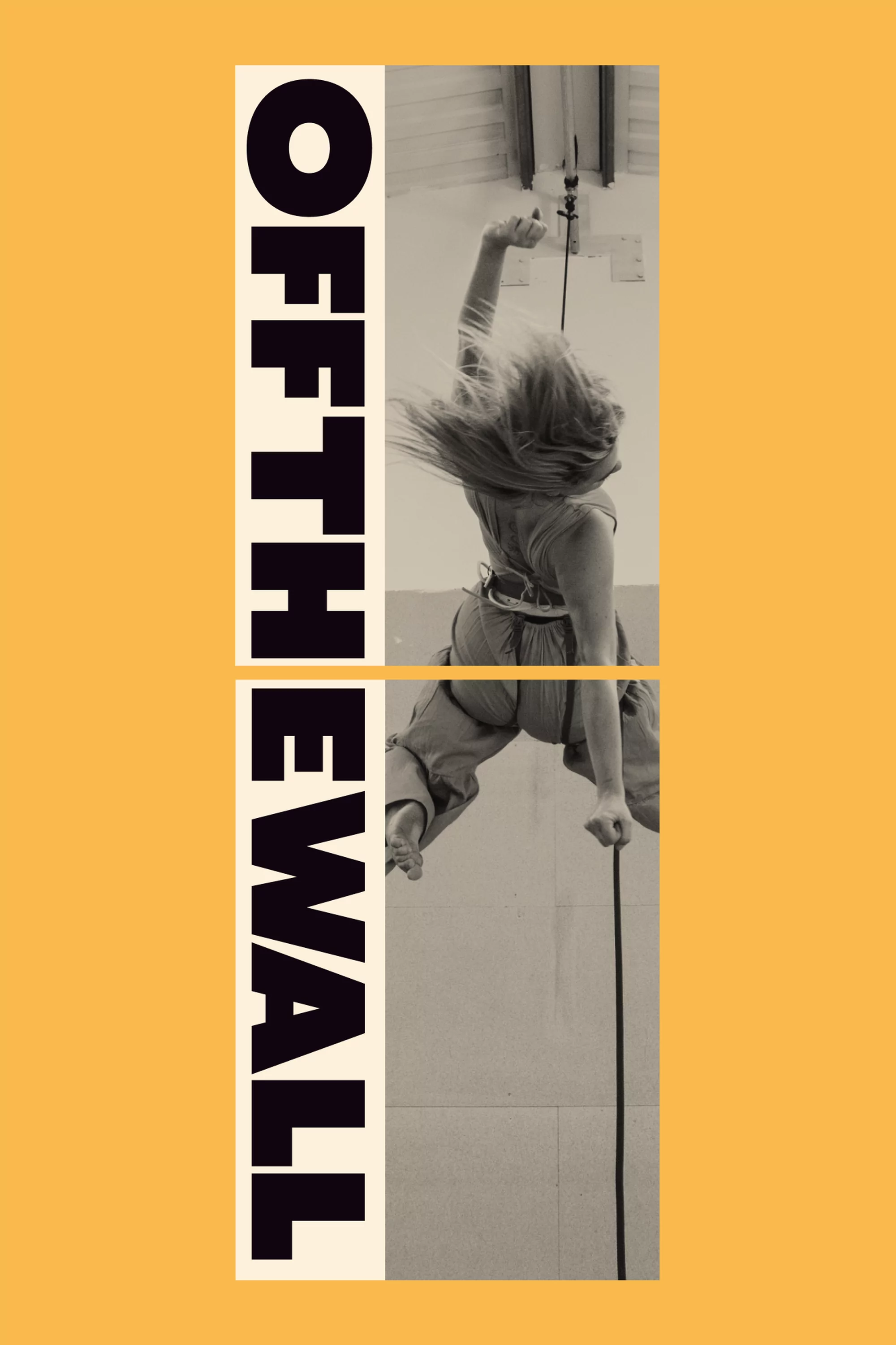 Woman in mid-air on a rope against a wall; typographic elements spell 'Off the Wall'. A creative image for fitness concepts.