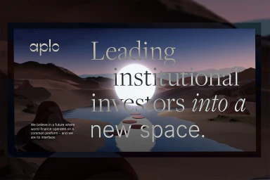 Branded graphic design for Aplo featuring bold typography and a digital surreal desert landscape background.