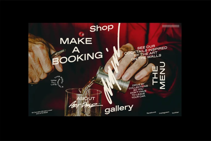 Person preparing an alcoholic beverage with a jigger, pouring liquid into a glass, with marketing text about booking and cocktails.