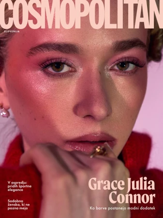 Close-up portrait of a woman with pink eyeshadow and a red knit top for Cosmopolitan Slovenia digital cover.