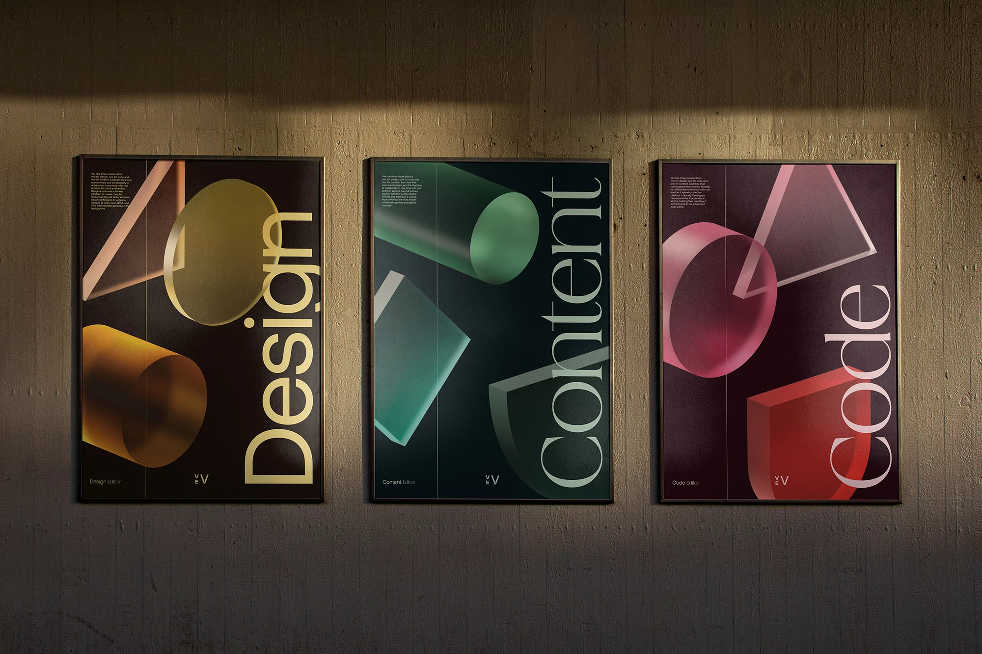 Three framed posters on a textured concrete wall feature geometric shapes and text 'Design,' 'Content,' and 'Code' in a studio setting.