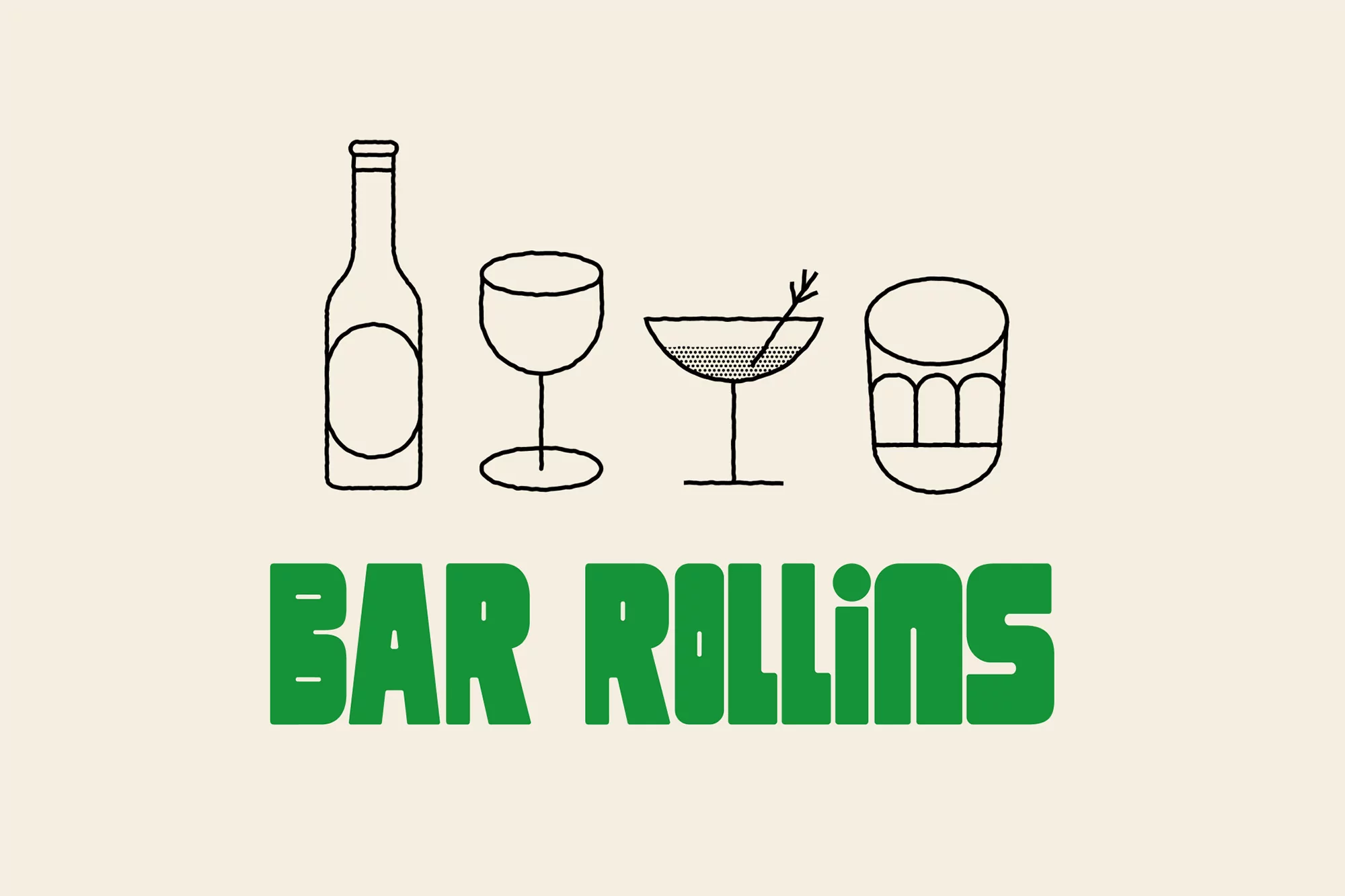 Illustration of four cocktail glasses and a bottle with the green text 'BAR ROLLINS' underneath on a light beige background.