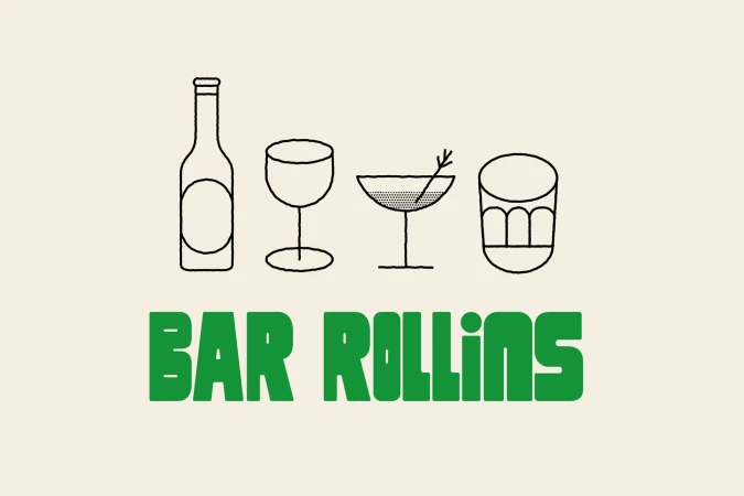 Illustration of four cocktail glasses and a bottle with the green text 'BAR ROLLINS' underneath on a light beige background.